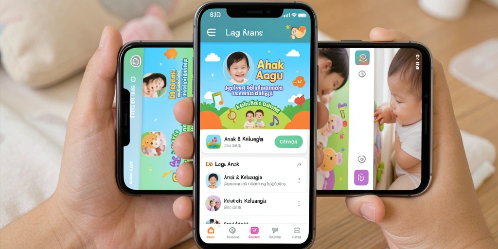 Antarmuka aplikasi 8ID dengan lagu anak yang ceria.