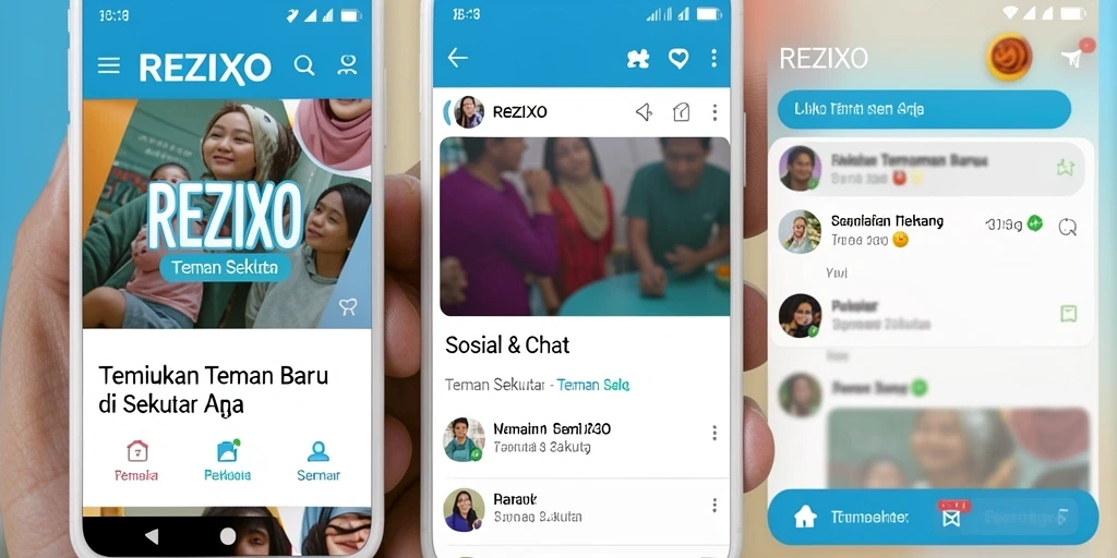 Screenshot antarmuka aplikasi REZIXO menunjukkan fitur pencarian teman yang mudah digunakan.